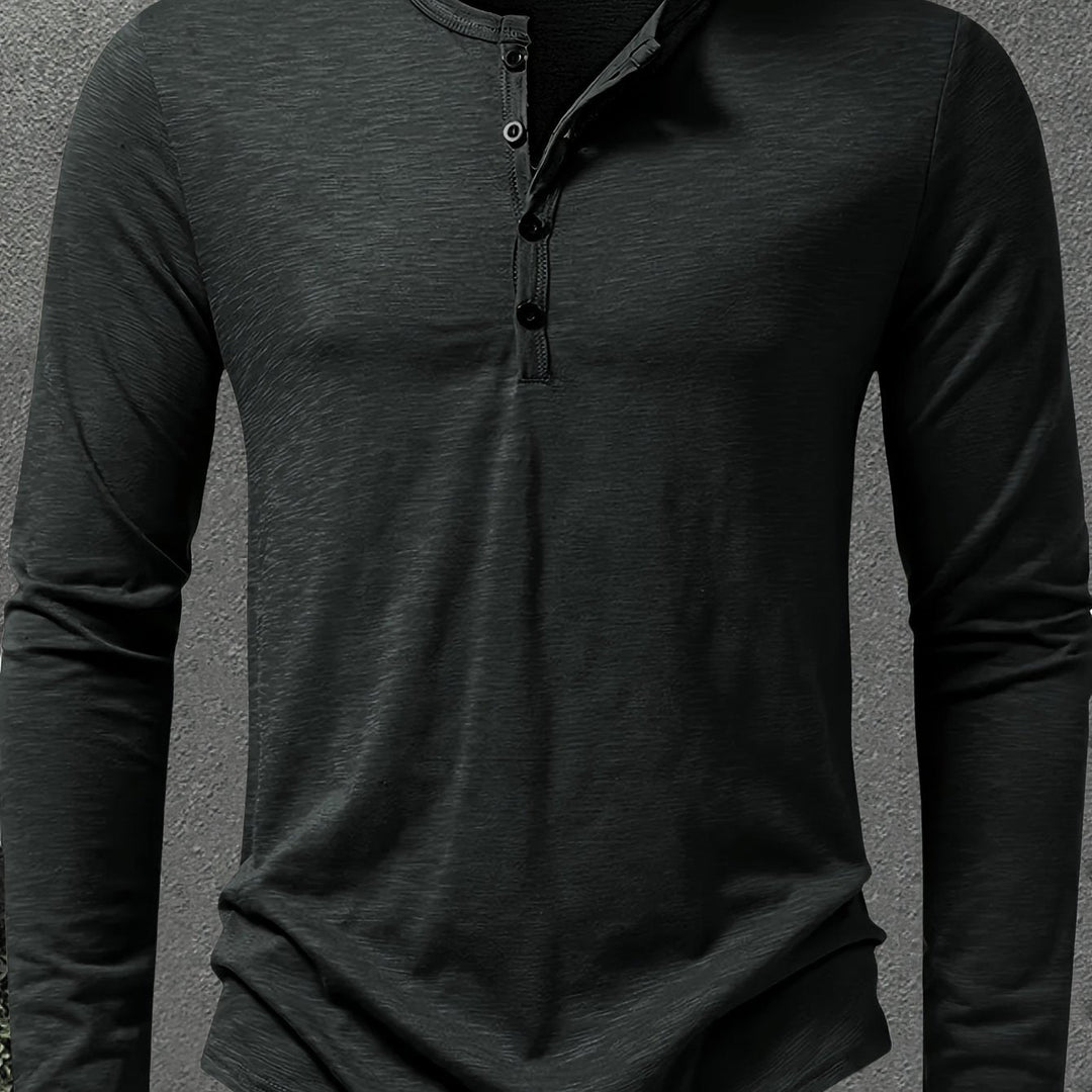 Men's Slub Knit Henley Shirt with Curved Hem