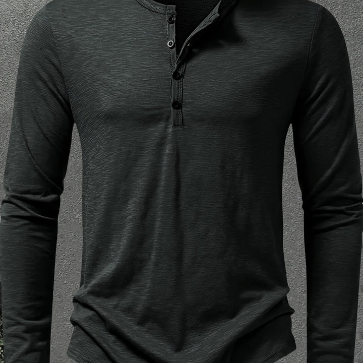 Men's Slub Knit Henley Shirt with Curved Hem