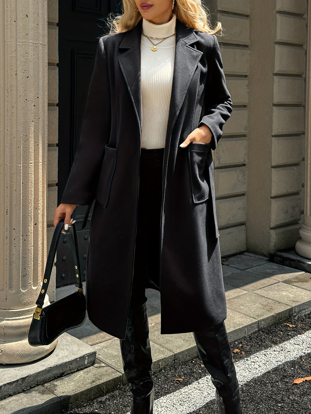 Women's Longline Belted Coat with Patch Pockets