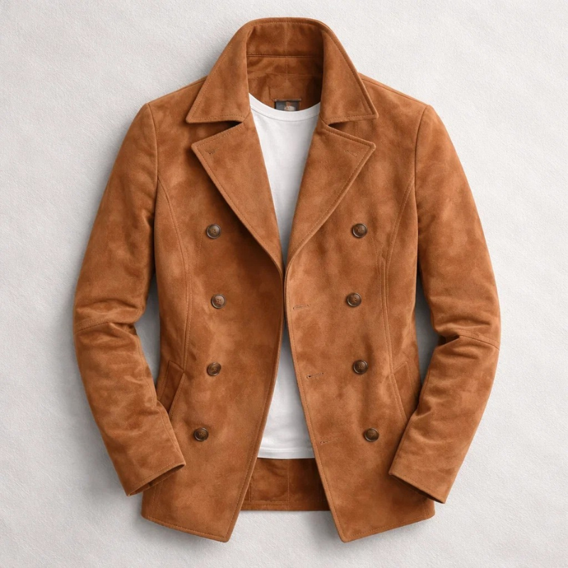 Men's Suede Double-Breasted Coat with Notch Lapel