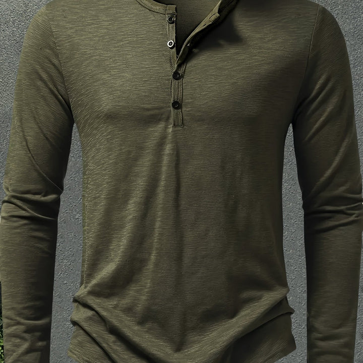 Men's Slub Knit Henley Shirt with Curved Hem