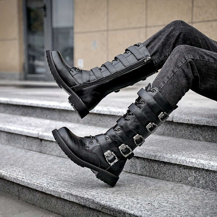 Men's Leather Buckle Strap Combat Boots with Side Zip