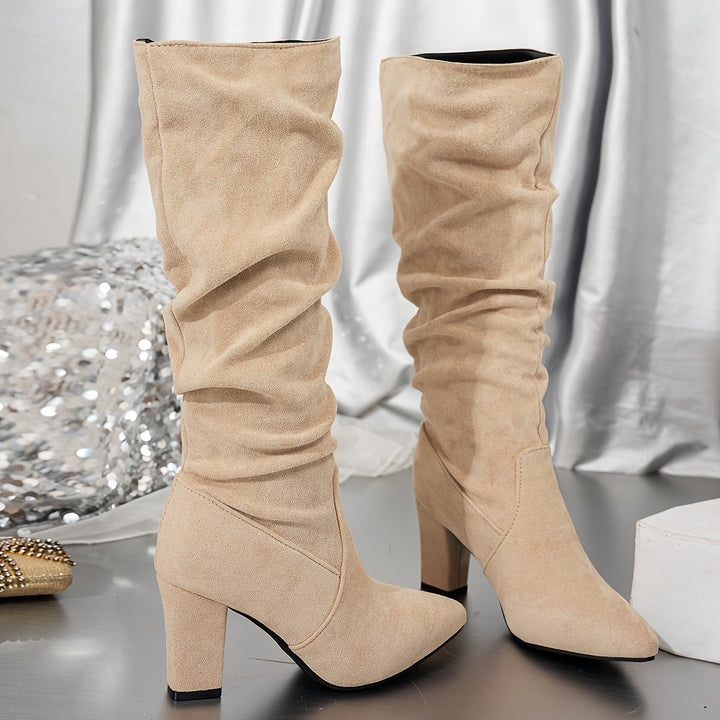 Women's Suede Slouchy Knee High Boots with Block Heel