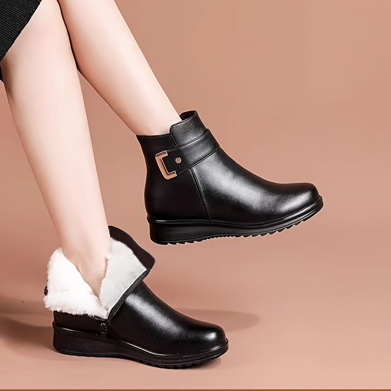 Women's Fleece-Lined Ankle Boots with Buckle Detail
