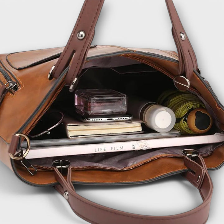 Women's Two-Tone Leather Tote Bag with Front Pockets
