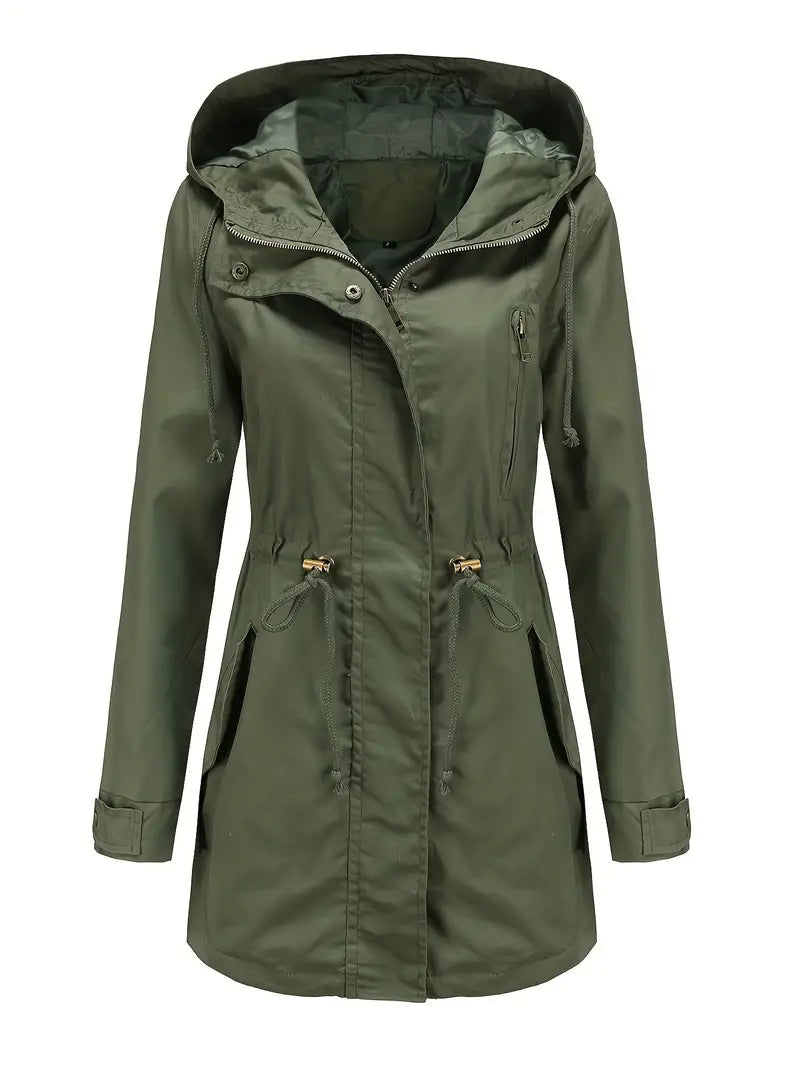 Parka imperméable à capuche pour femme avec taille à cordon de serrage