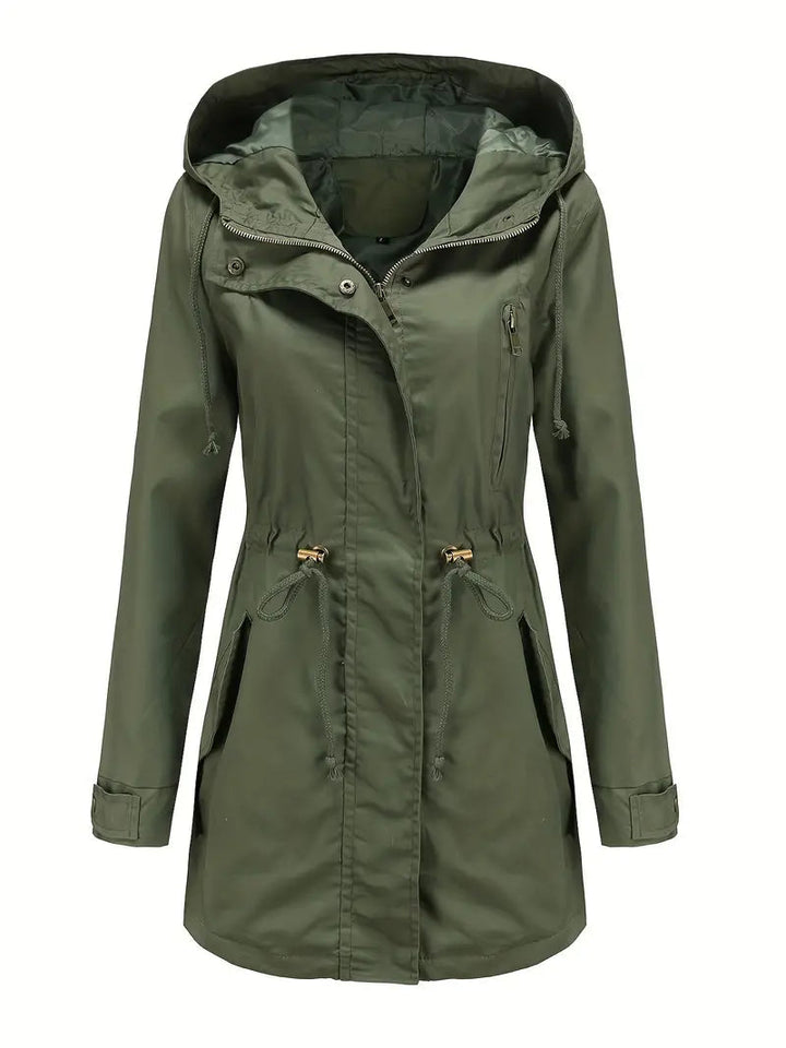 Parka imperméable à capuche pour femme avec taille à cordon de serrage