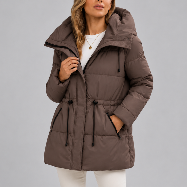 Women's Hooded Puffer Coat with Drawstring Waist