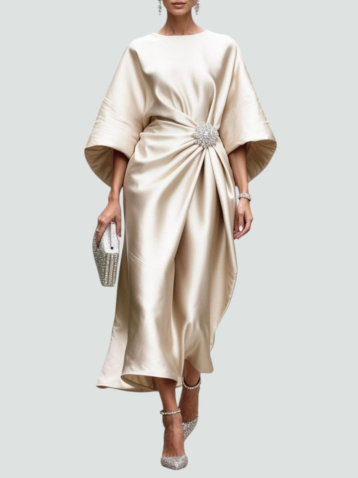 Women's Satin Draped Midi Dress with Brooch Detail