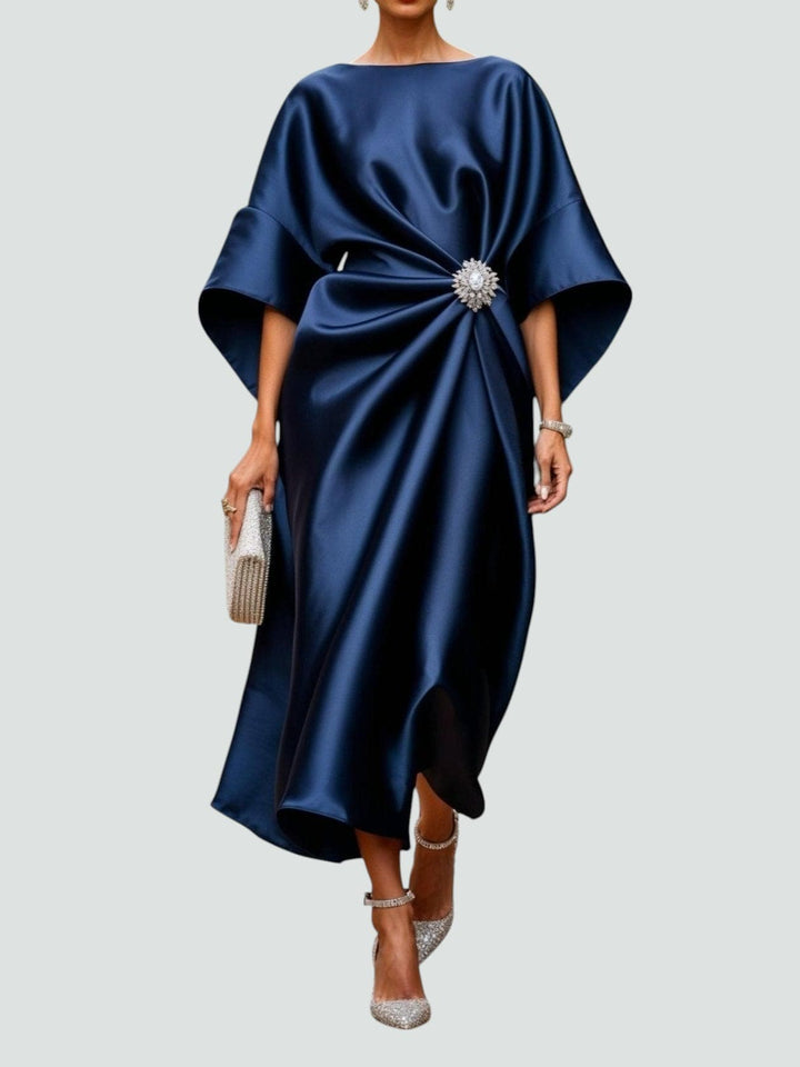 Women's Satin Draped Midi Dress with Brooch Detail