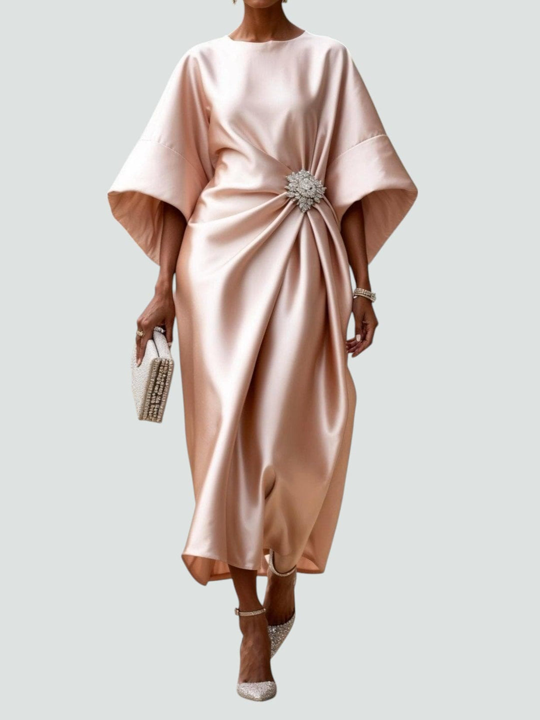 Women's Satin Draped Midi Dress with Brooch Detail