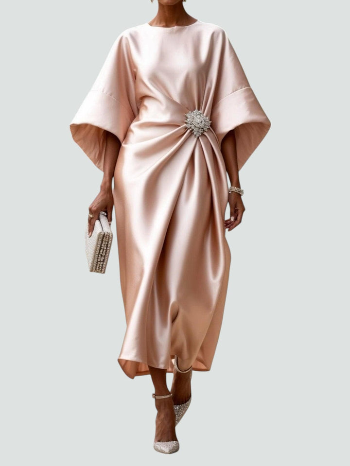 Women's Satin Draped Midi Dress with Brooch Detail