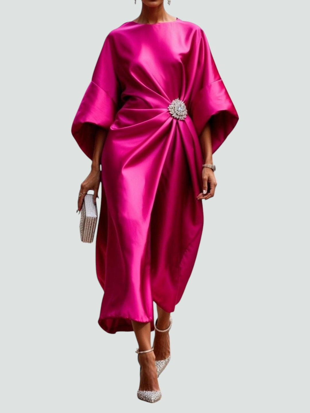 Women's Satin Draped Midi Dress with Brooch Detail