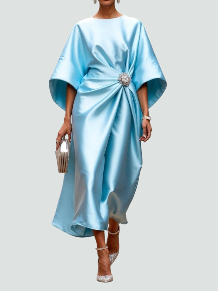 Women's Satin Draped Midi Dress with Brooch Detail