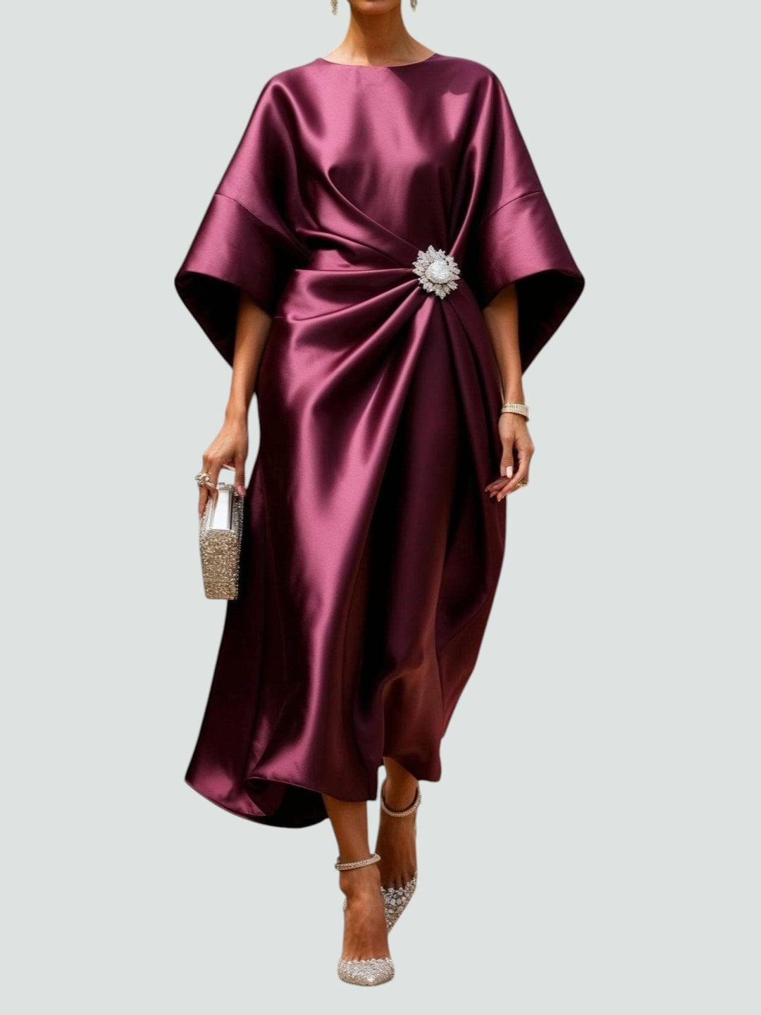 Women's Satin Draped Midi Dress with Brooch Detail