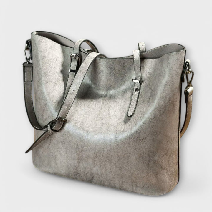 Women's Leather Bucket Tote with Buckle Strap Detail