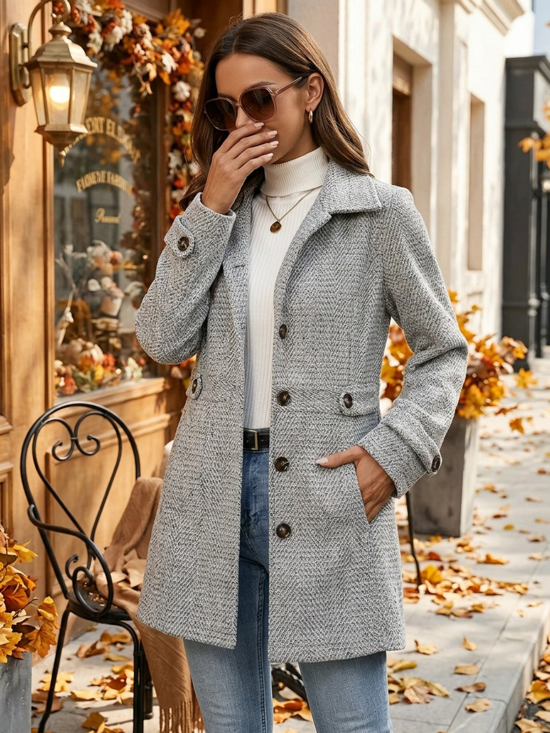 Women's Herringbone Tailored Coat with Cinched Waist