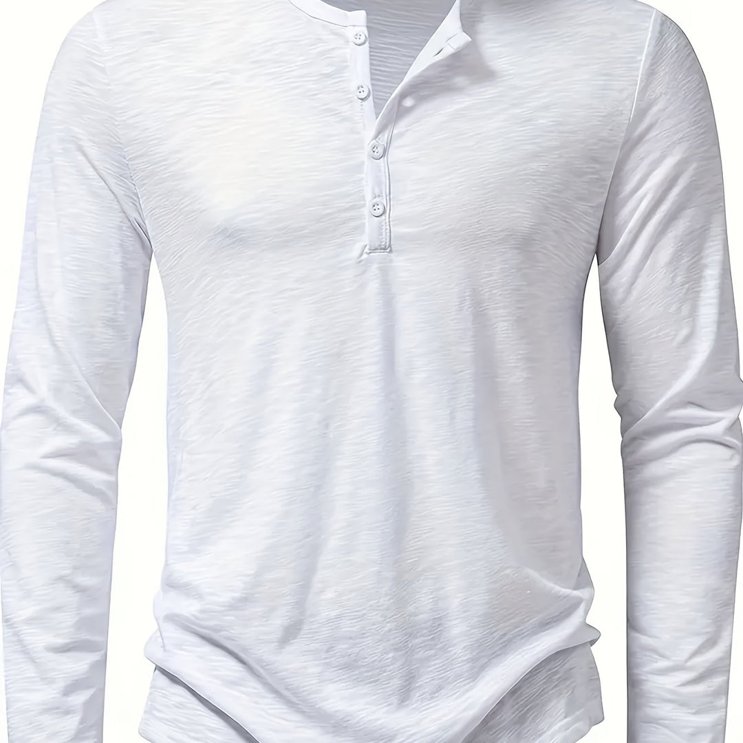 Men's Slub Knit Henley Shirt with Curved Hem