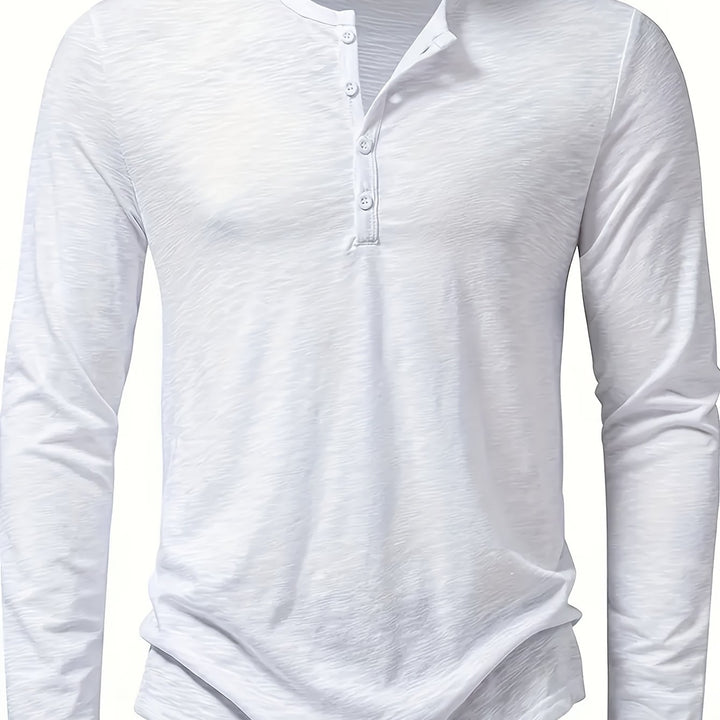 Men's Slub Knit Henley Shirt with Curved Hem