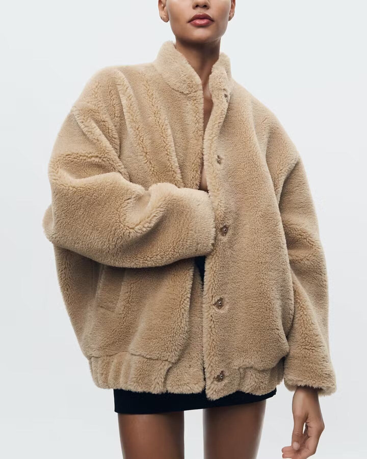 Women's Teddy Jacket with Button-Front Closure Oversized Fit