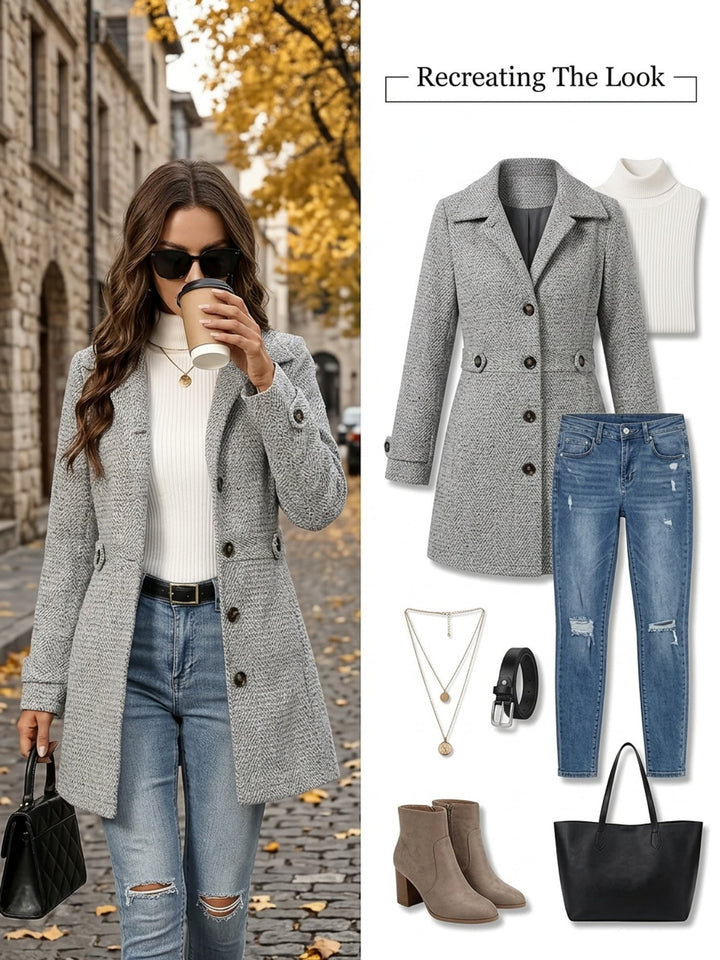 Women's Herringbone Tailored Coat with Cinched Waist