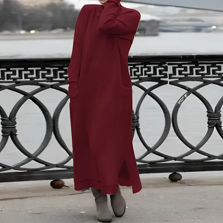 Women's Knitted Maxi Dress with High Neck and Front Pockets