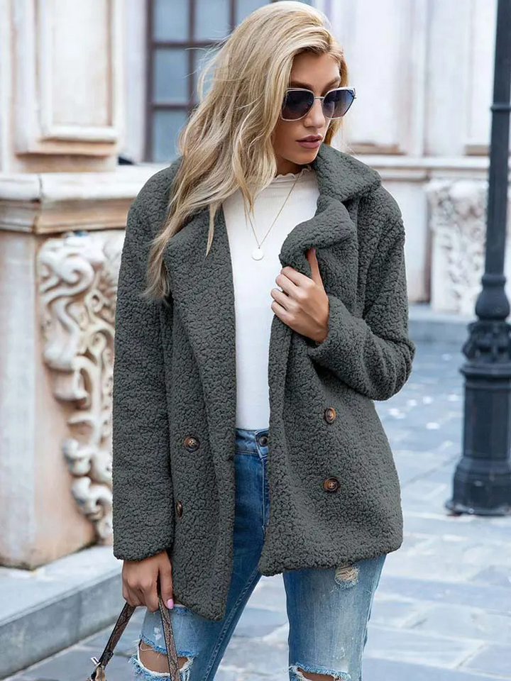 Women's Teddy Coat with Notch Lapel and Double-Breasted Front