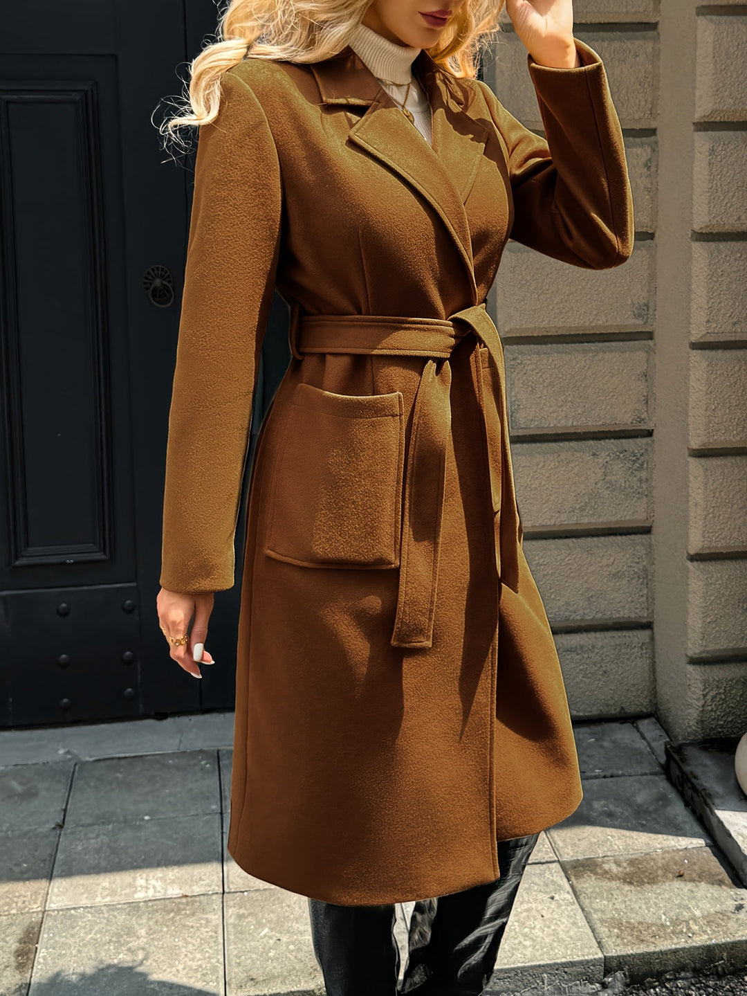 Women's Longline Belted Coat with Patch Pockets