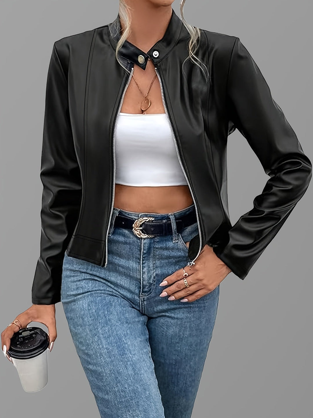 Women's Cropped Zip-Up Jacket with Stand Collar