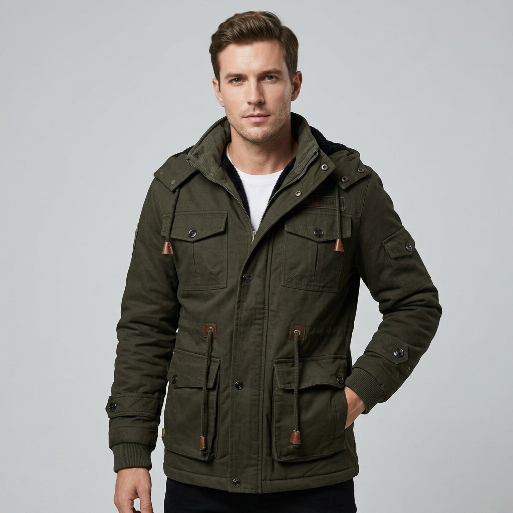 Men's Cotton Utility Field Jacket with Fleece-Lined Hood