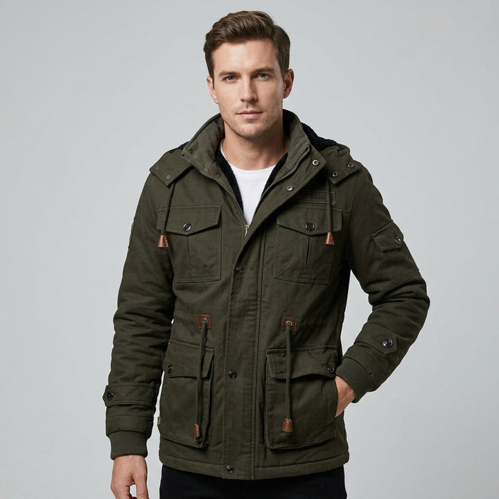 Men's Cotton Utility Field Jacket with Fleece-Lined Hood