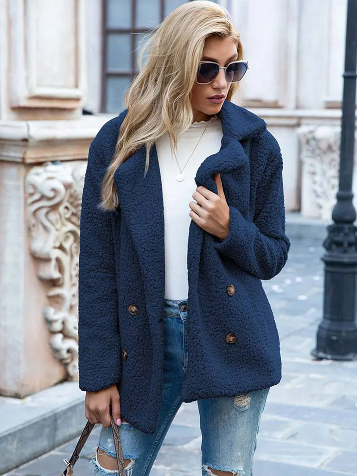 Women's Teddy Coat with Notch Lapel and Double-Breasted Front