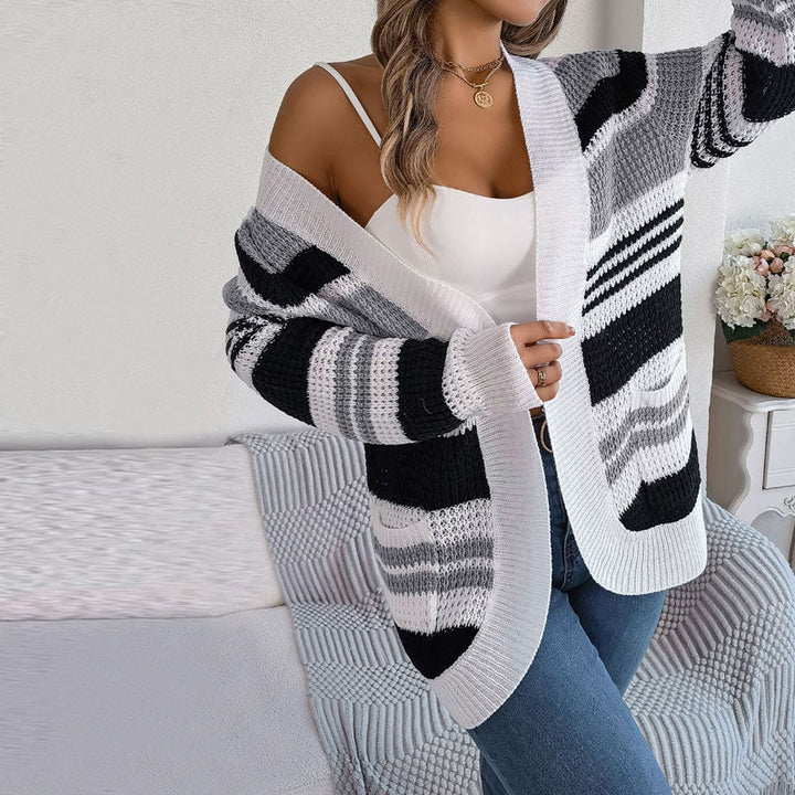 Women's Striped Open-Front Cardigan with Dropped Shoulders
