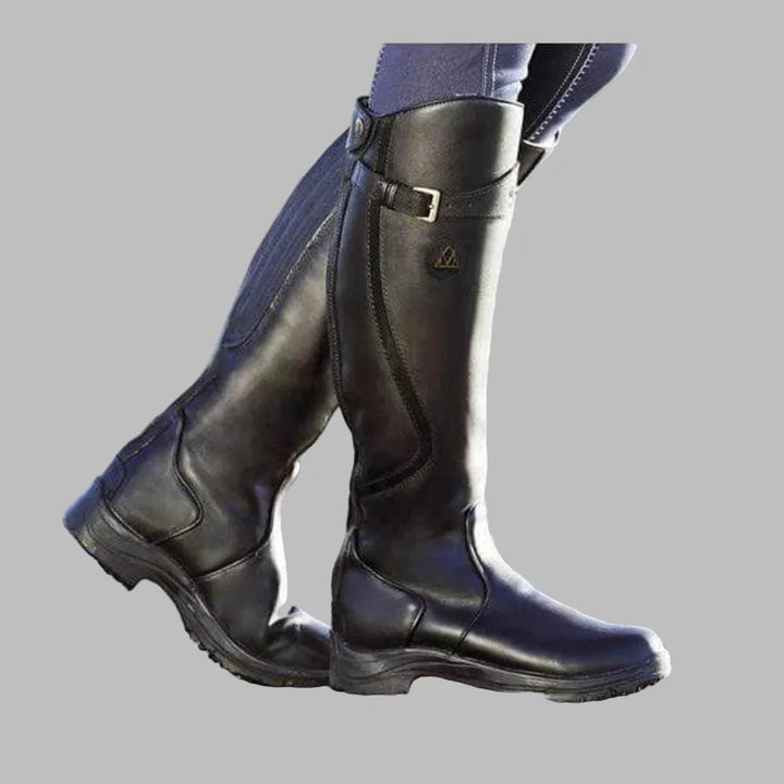 Women's Leather Knee-High Riding Boots with Buckle Strap