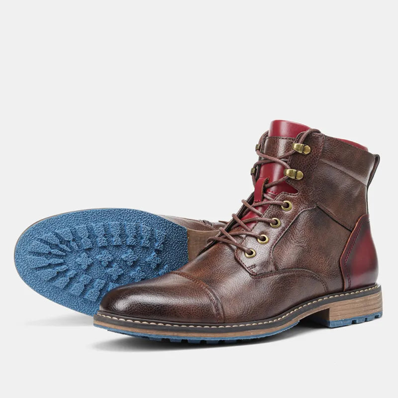Men's Leather Cap-Toe Lace-Up Boots with Side Zip