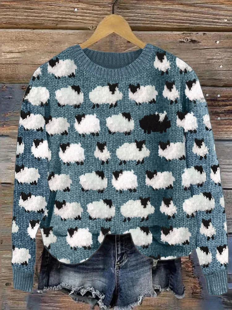 Pull en maille épaisse pour femme avec motif mouton et col rond
