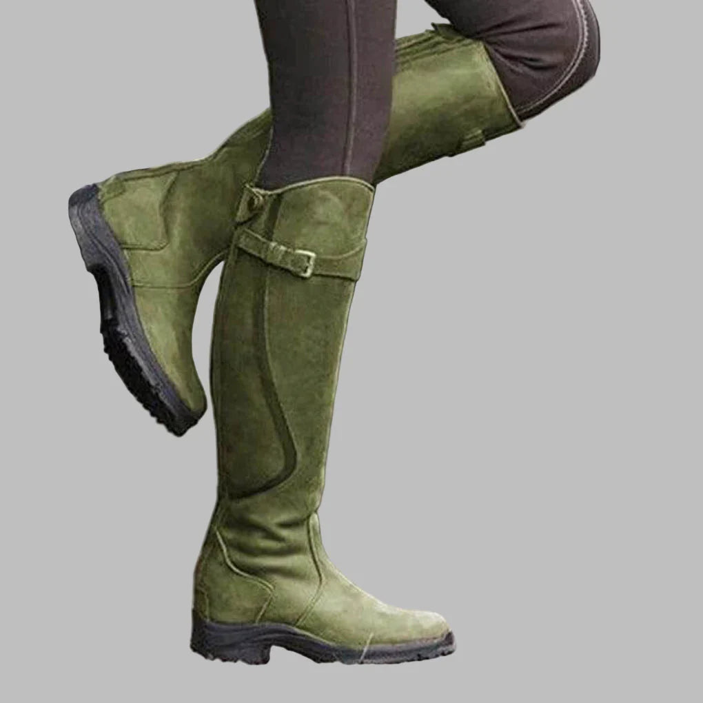 Women's Leather Knee-High Riding Boots with Buckle Strap