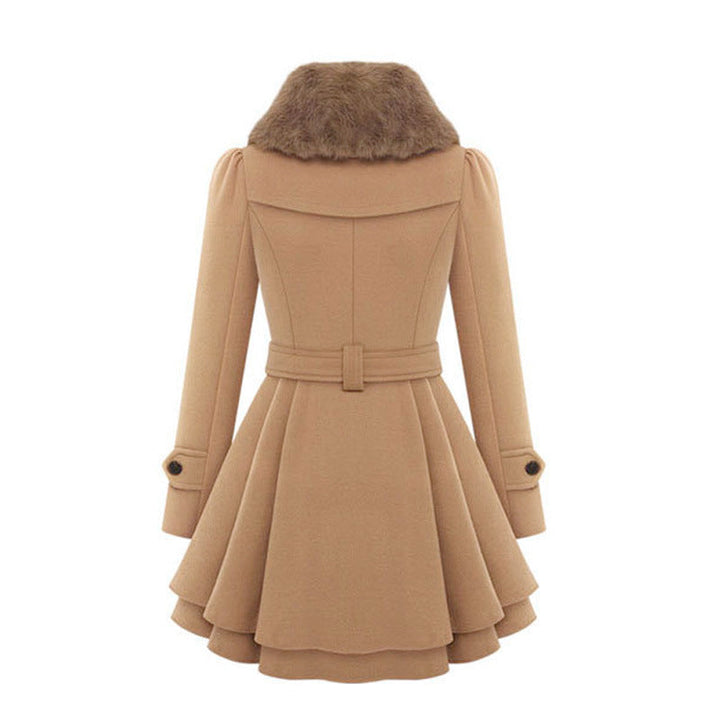 Women's Wool Coat with Faux Fur Collar and Belted Waist