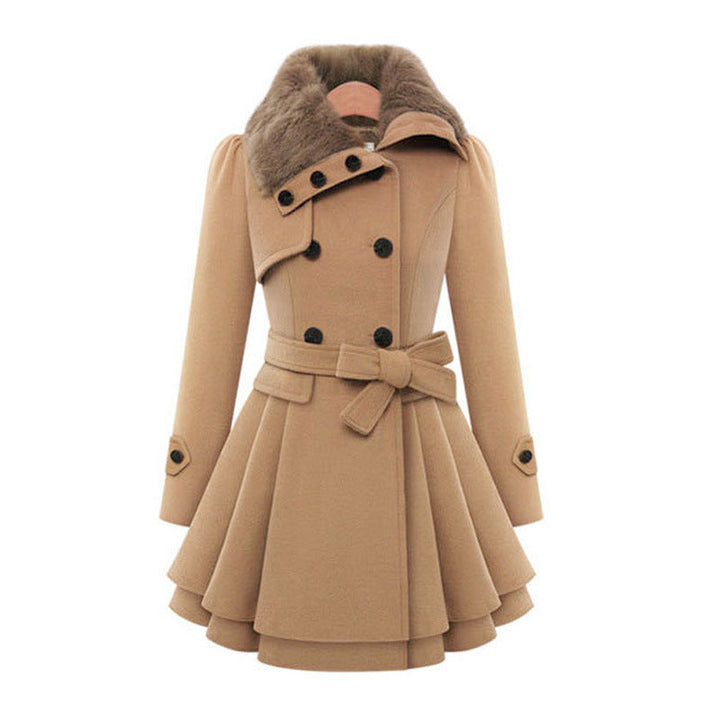 Women's Wool Coat with Faux Fur Collar and Belted Waist