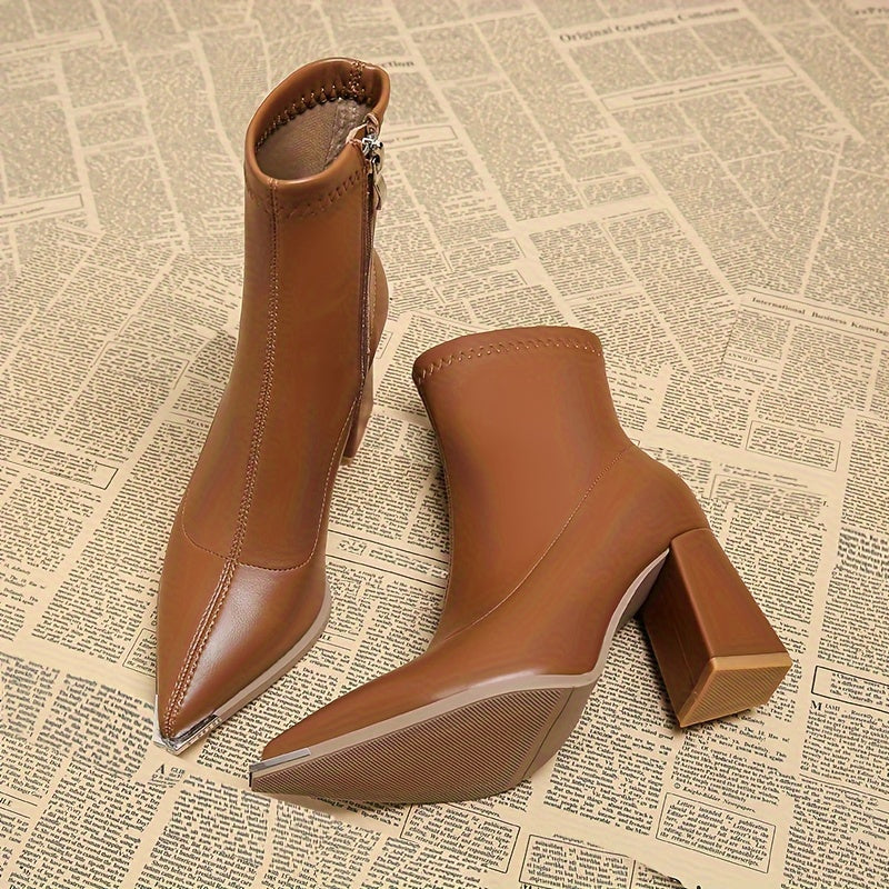 Women's Pointed Toe Block Heel Ankle Boots with Side Zip