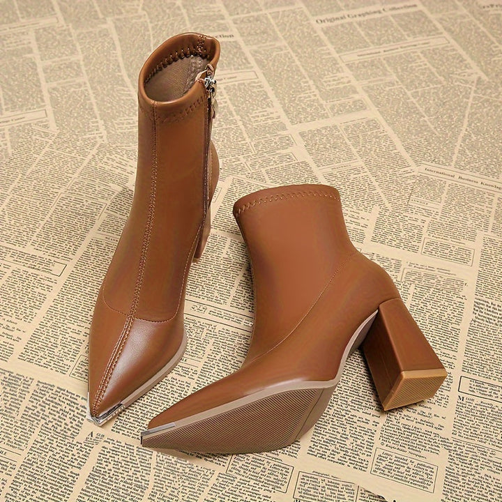 Women's Pointed Toe Block Heel Ankle Boots with Side Zip