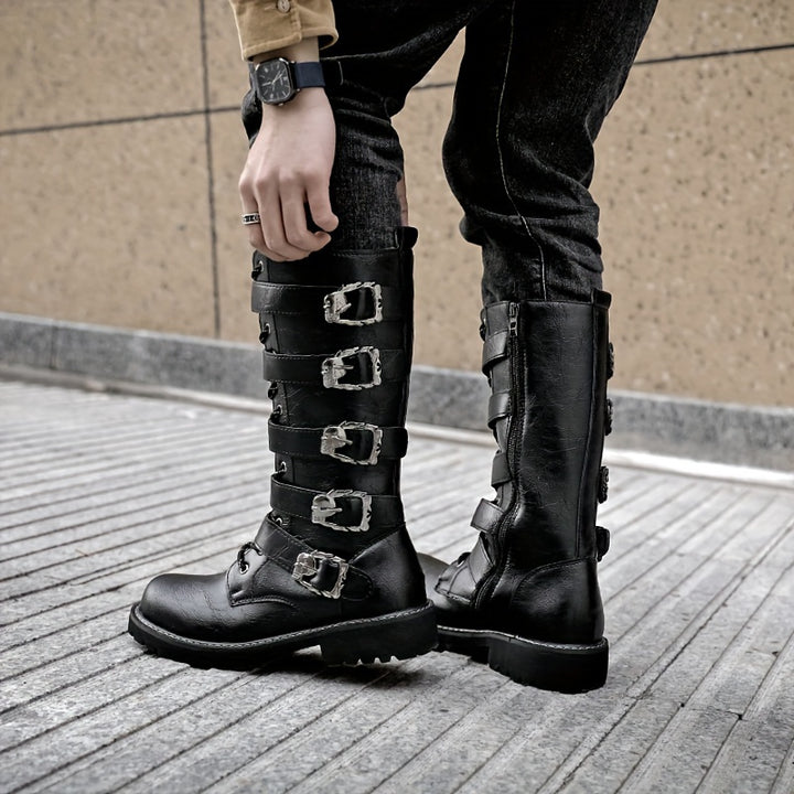 Men's Leather Buckle Strap Combat Boots with Side Zip
