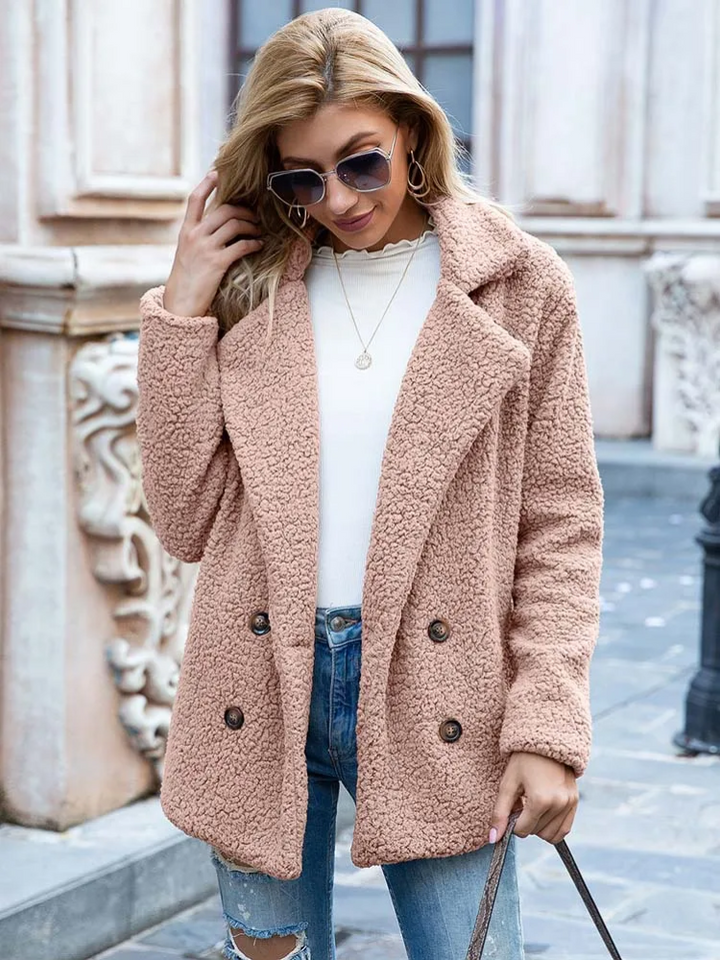 Women's Teddy Coat with Notch Lapel and Double-Breasted Front