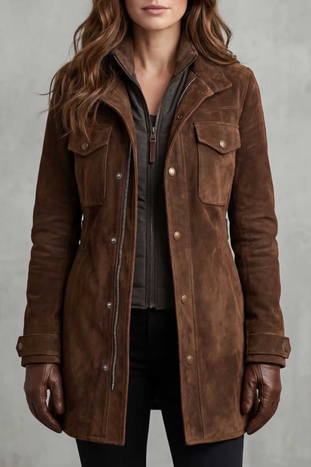 Women's Suede Utility Jacket with Snap Button Front