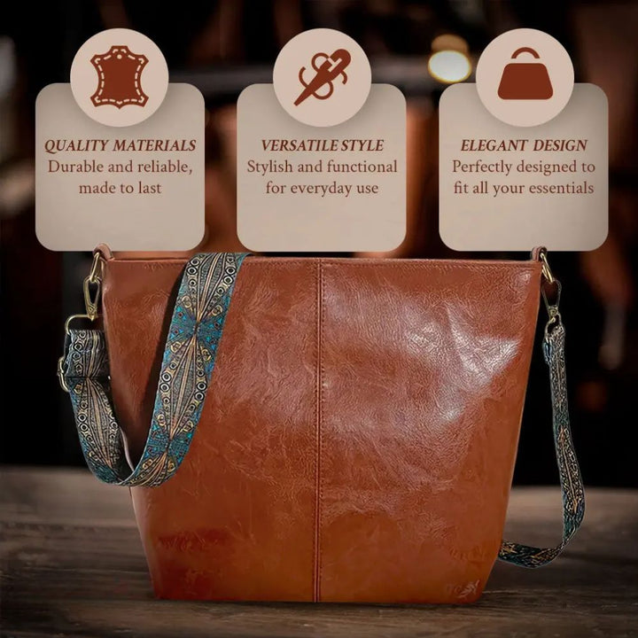 Women's Leather Tote with Embroidered Strap