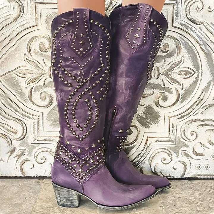 Women's Studded Leather Knee-High Boots with Block Heel