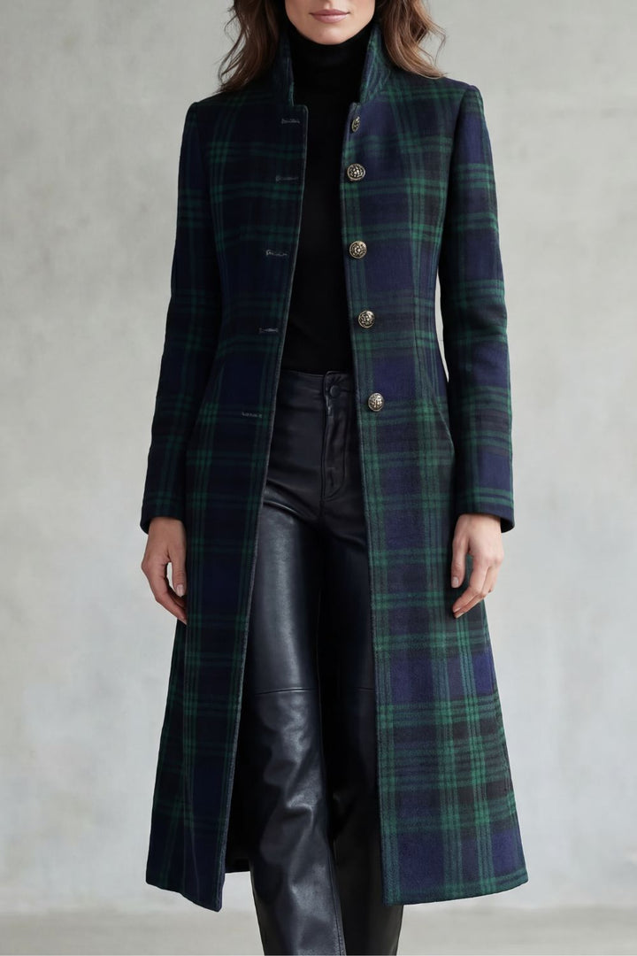 Women's Tartan Check Longline Coat with Stand Collar