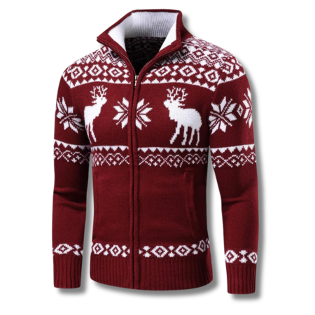 Men's Knitted Jacquard Zip-Up Jumper with Stand Collar