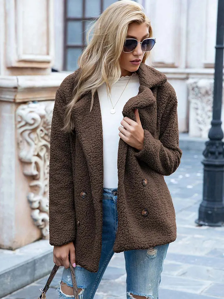 Women's Teddy Coat with Notch Lapel and Double-Breasted Front