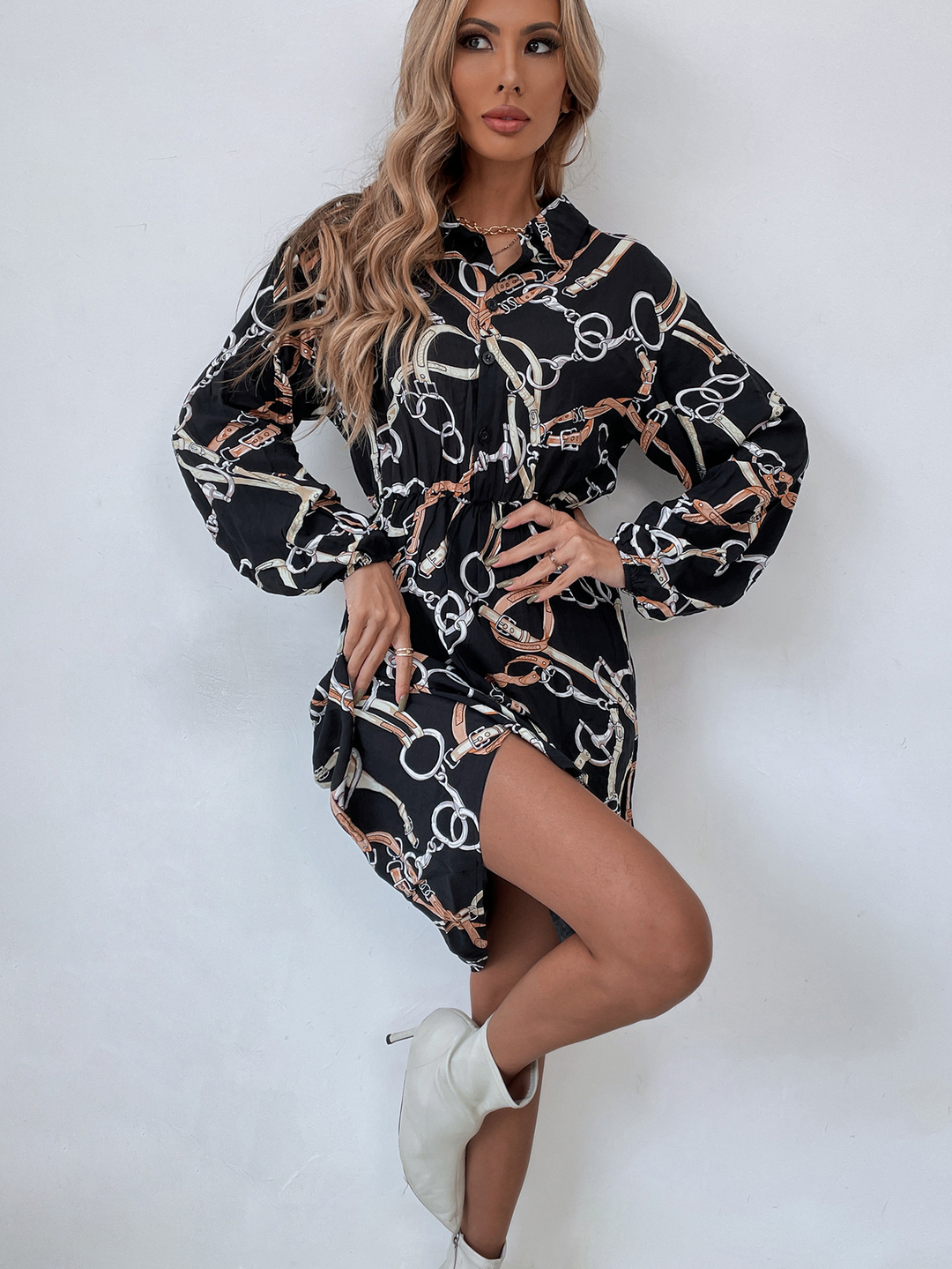 Women's Chain Print Shirt Dress with Drawstring Waist